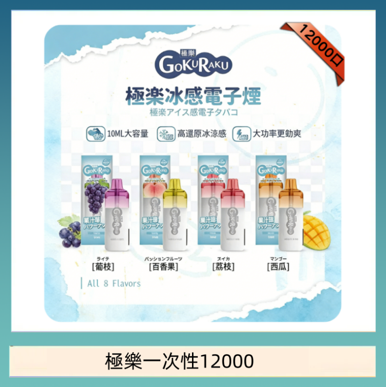 極樂一次性12000 【8種口味】極楽 12000口一次性電子煙|超大容量 |口感絲滑|新品